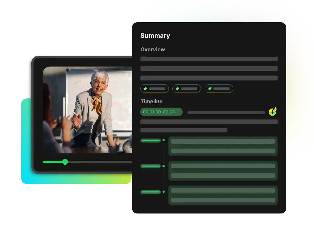 Tableau de bord du résumeur de vidéos par IA générant un aperçu concis, les principaux enseignements et une chronologie segmentée a partir de l’enregistrement d’une réunion.
